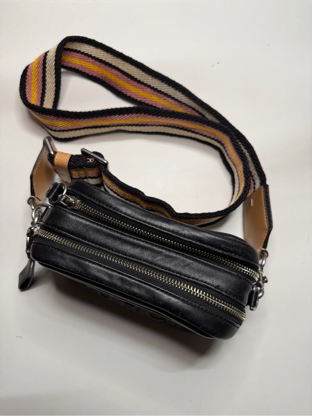 Tory Burch Black Quilted Logo Crossbody with Striped Webbing Strap - Picture 3 of 12